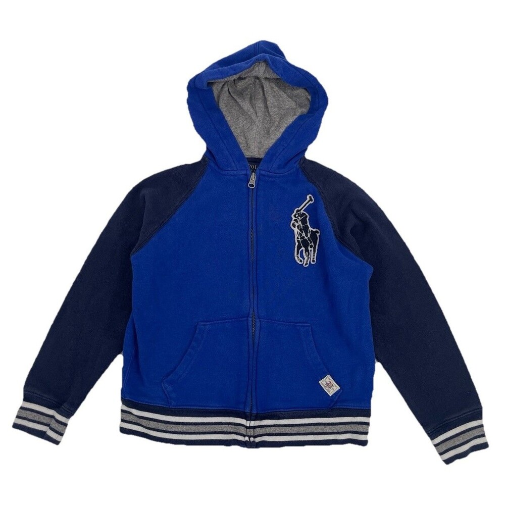 Polo Ralph Lauren Boys Size 8 Blue Full Zip Hoodie Big Pony Fleece Jacket
